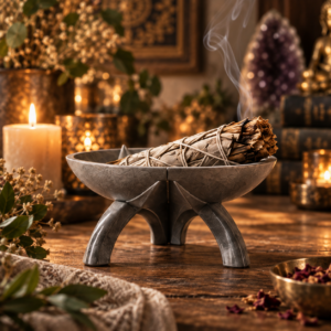 Decorative altar and sacred decor stand holding a sage bundle in a warm candlelit setting