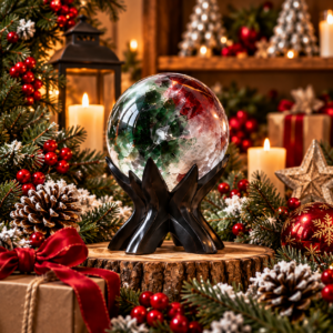 Sacred Stands Christmas Crystal Display Christmas-themed crystal display stand with a red, green, and white crystal sphere surrounded by evergreen branches, berries, candles, and holiday decor