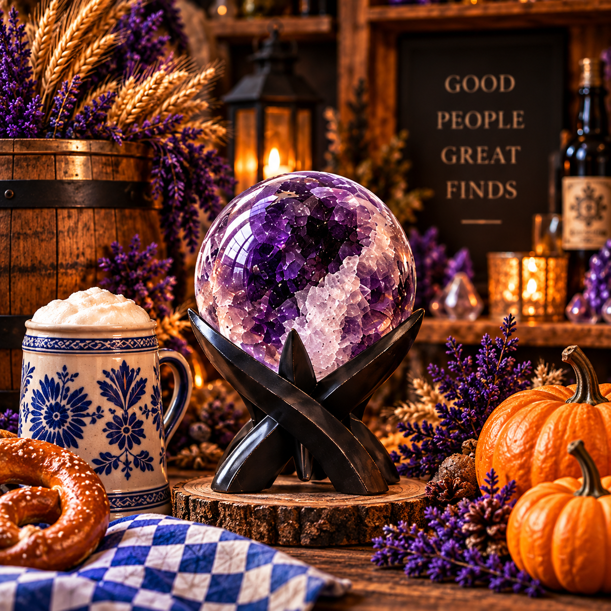 Sacred Stands Octoberfest Crystal Display Octoberfest-themed amethyst crystal sphere display with purple, white, and orange accents, rustic wood, lanterns, and autumn decor