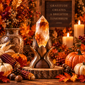 Sacred Stands Thanksgiving Crystal Display Thanksgiving-themed crystal tower display with orange, brown, and white autumn decor, leaves, corn, and warm candlelight